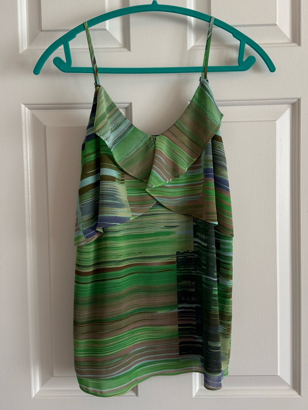 CAbi Green and Blue Striped Ruffle Cami Top - XS